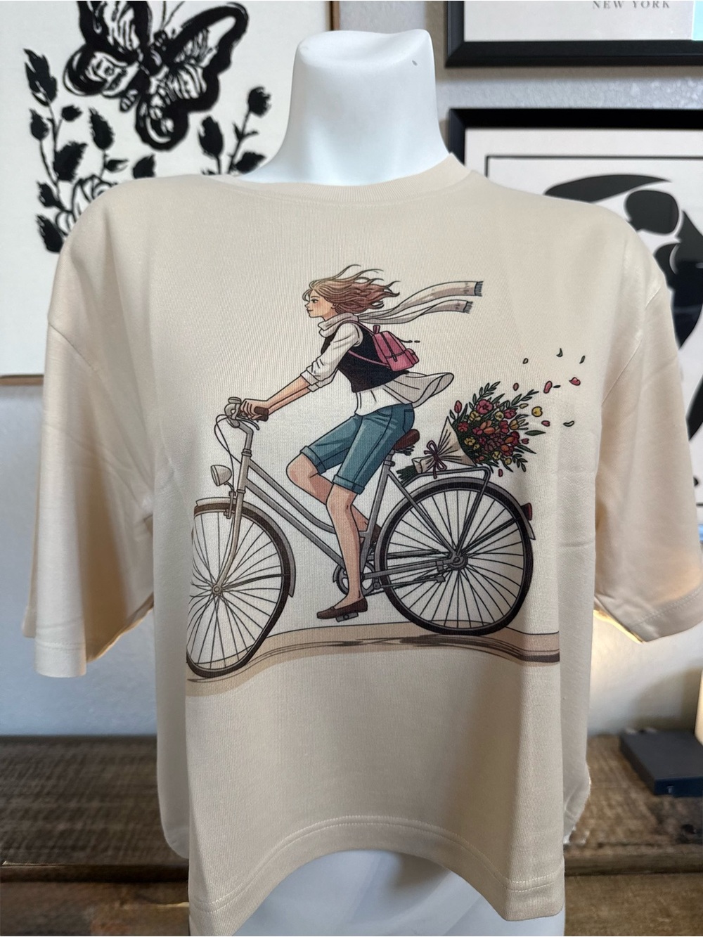 Girls Beige Graphic Bicycle Tee